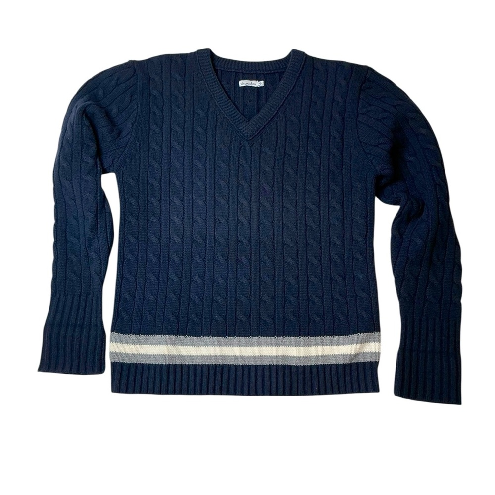 Steven Alan 100% Wool Dark Blue V-Neck Cable Knit Sweater - White & Gray Stripe